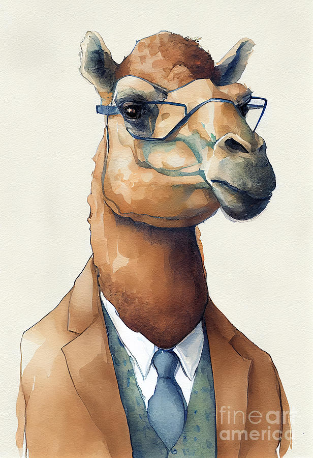 Camel Painting - Camel in Suit Watercolor Hipster Animal Retro Costume by Jeff Creation