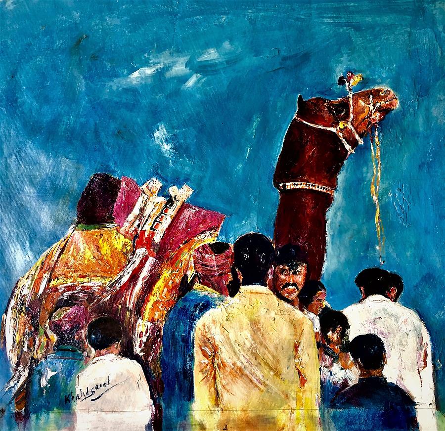 Camel surrounded by people. Painting by Khalid Saeed