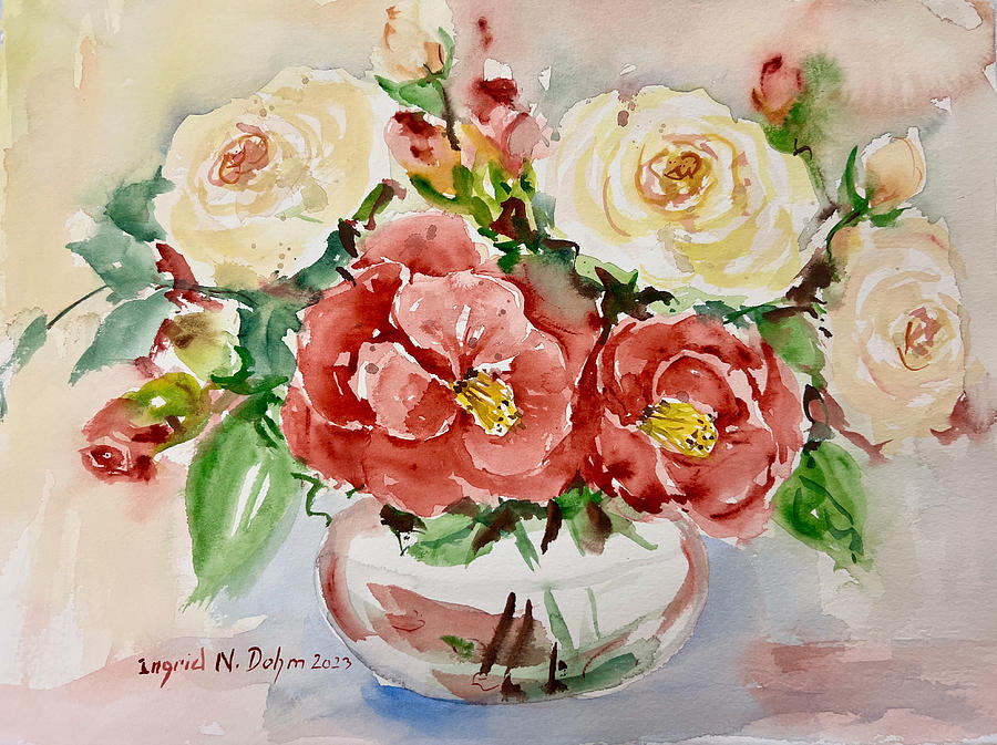 Camellias and Roses Painting by Ingrid Dohm