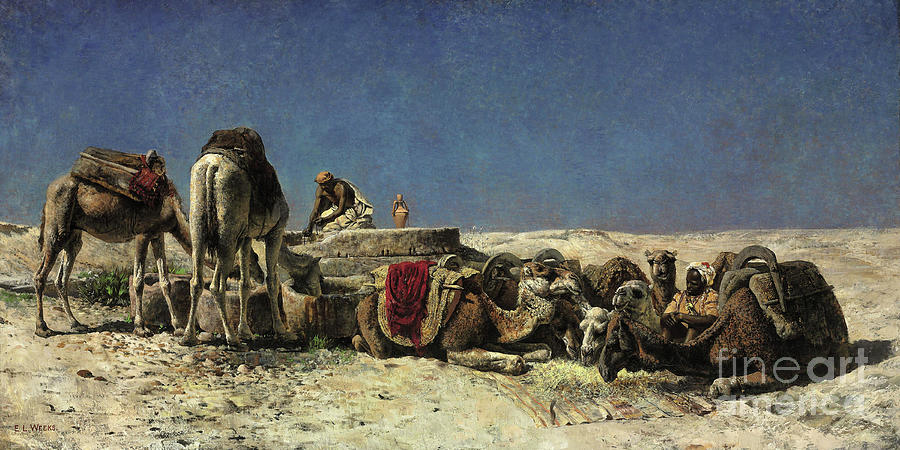 Camels beside a cistern by American artist Edwin Lord Weeks Painting by Sad Hill - Bizarre Los Angeles Archive