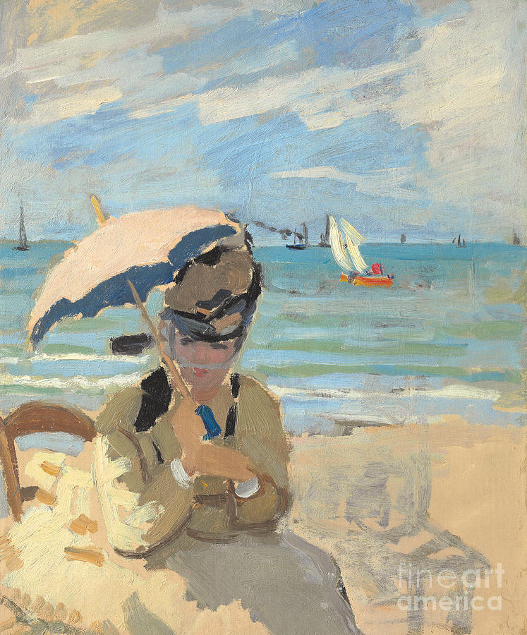 Camille assise sur la plage a Trouville Painting by Claude Monet
