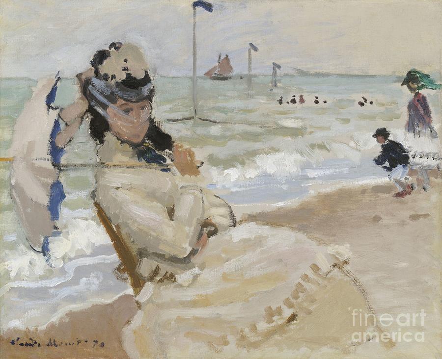 Camille on the Beach in Trouville 1870 by Claude Monet. Painting by Shop Ability