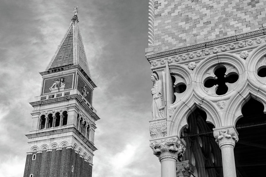 Campanile of Basilica San Marco and Doges Palace in Black and White - Venice, Italy Photograph by Sean Hannon