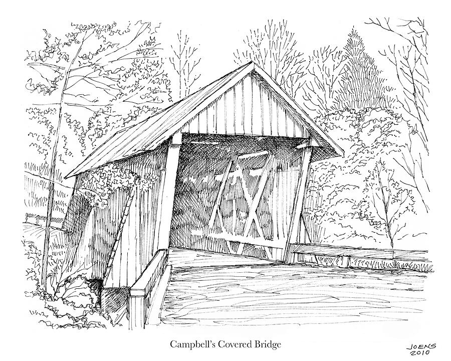 Landscape Drawing - Campbells Covered Bridge by Greg Joens Landscape Drawing - Campbells Covered Bridge by Greg Joens