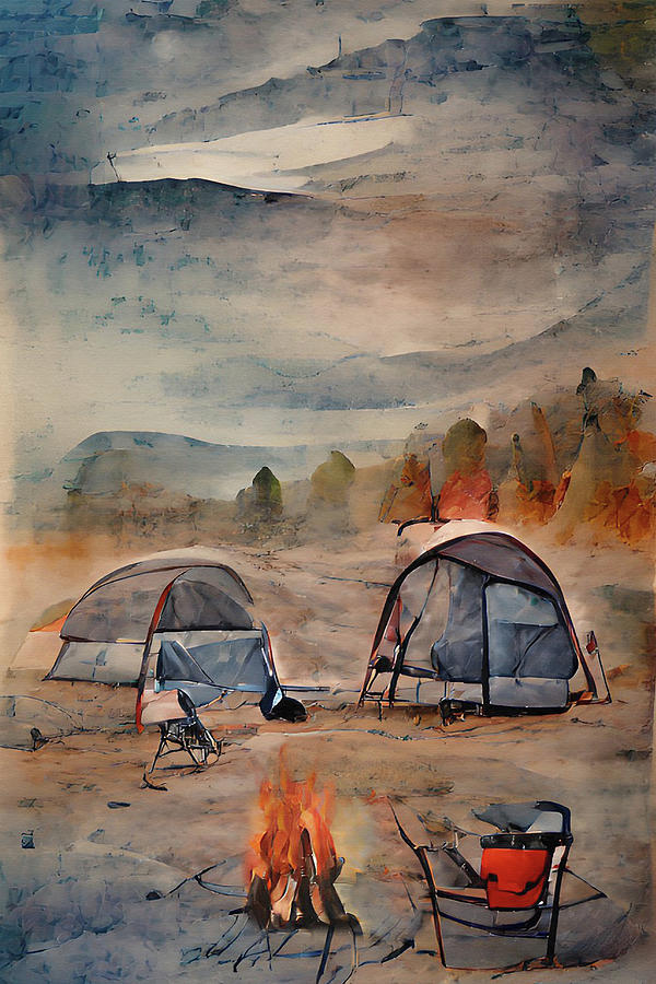 Campfire Autumn Morning Campsite Abstract Watercolor Painting by David Dehner