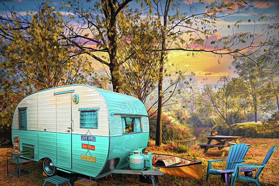 Camping at the Creek Autumn Painting Digital Art by Debra and Dave Vanderlaan