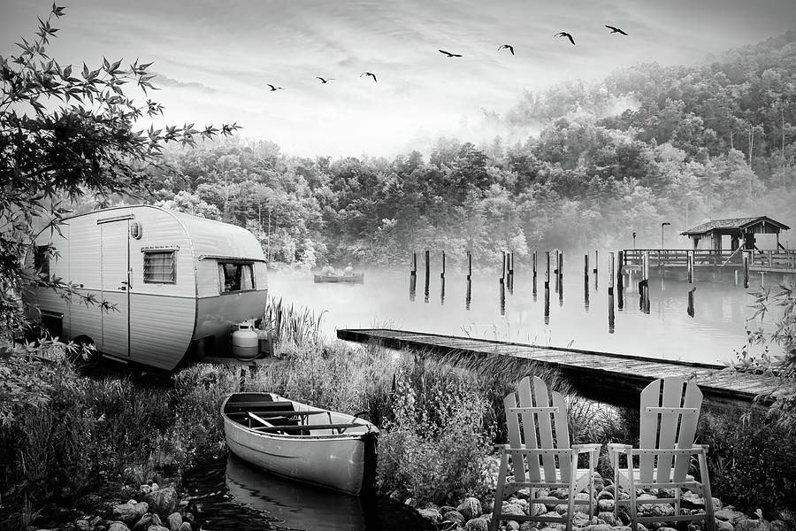 Camping at the Lake Black and White Digital Art by Debra and Dave Vanderlaan