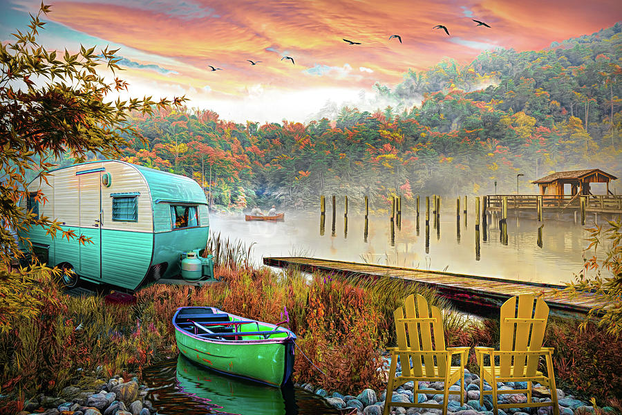 Camping at the Lake in Autumn Digital Art by Debra and Dave Vanderlaan