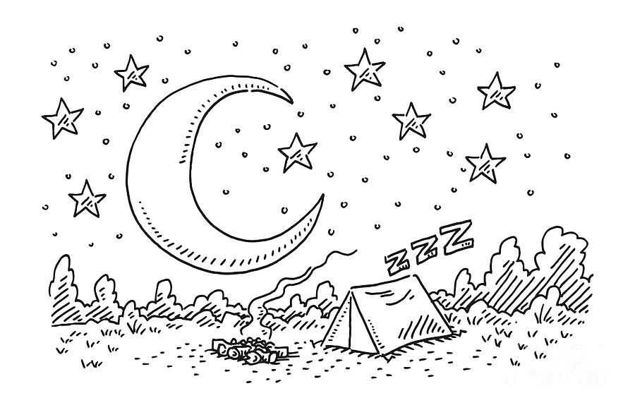 Camping Night Moon And Stars Over Tent Drawing Drawing by Frank Ramspott