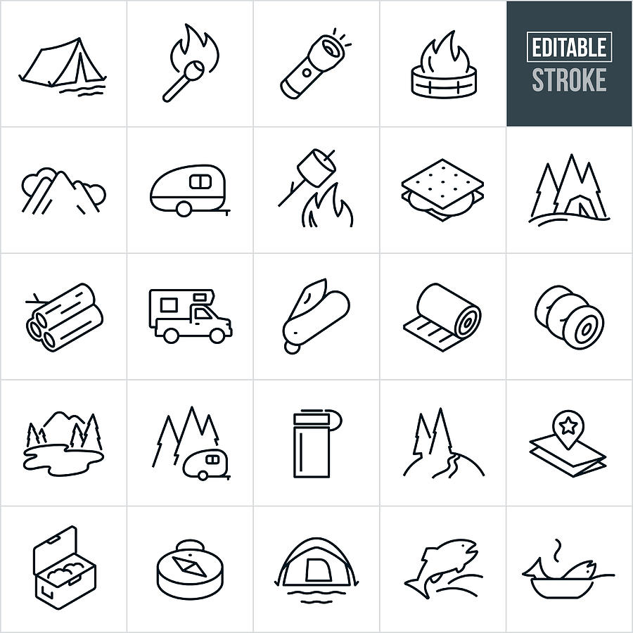 Camping Thin Line Icons - Editable Stroke Drawing by Appleuzr