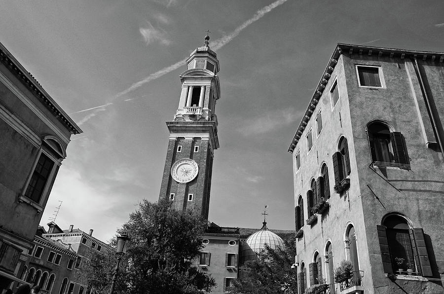 Campo dei Santi Apostoli Golden Sun Clock Tower Venice Italy Black and White Photograph by Shawn OBrien