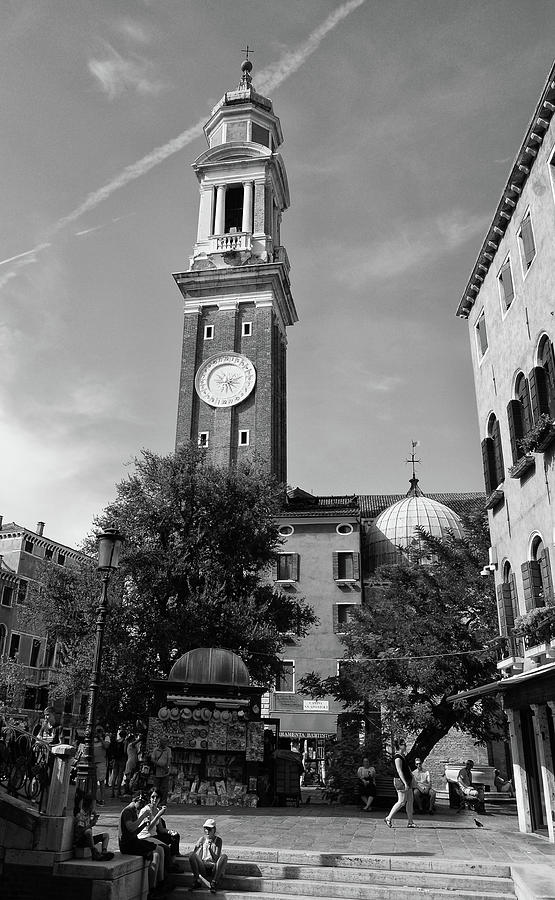 Campo Santi Apostoli Golden Sun Clock Tower in Venice Italy Black and White Photograph by Shawn OBrien
