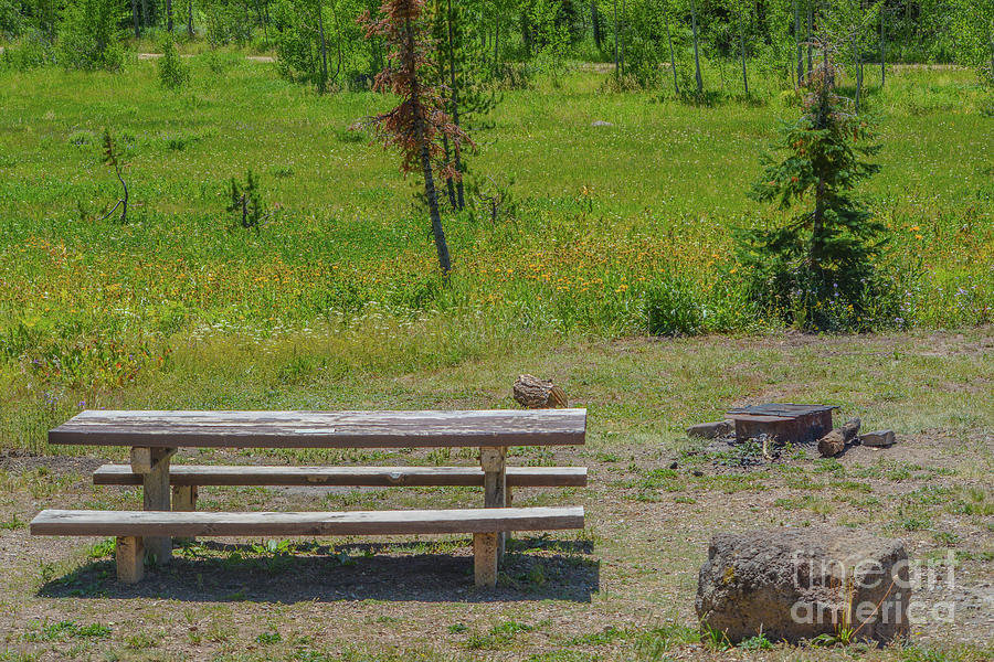 Campsite with a picnic table and fire pit in Freeman Reservoir