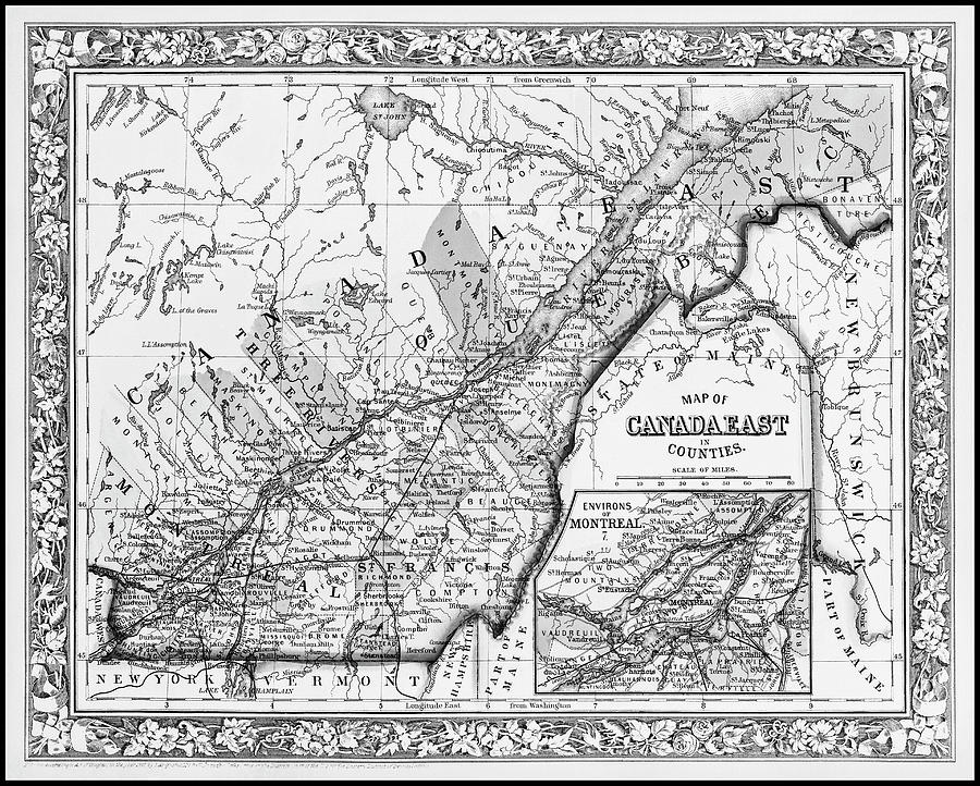 Vintage Photograph - Canada East Vintage Map 1863 Black and White  by Carol Japp