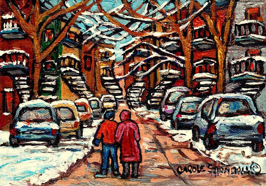 Canadian Art Montreal Winter Street Scene Couple Walking Quebec Artiste Peintre Carole Spandau  Painting by Carole Spandau