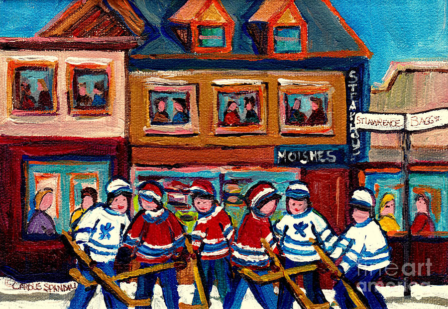 Canadian Art Montreal Winter Street Scene Moishes Steakhouse Hockey Quebec Peintre Carole Spandau Painting by Carole Spandau