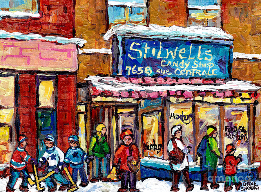 Canadian Art Montreal Winter Street Scene The Pointe Shop And Hockey Quebec Artist Carole Spandau Painting by Carole Spandau