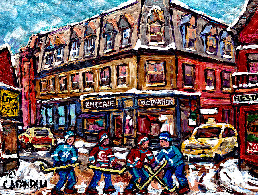 Canadian Art Montreal Winter Street Scene Verdun Depanneur And Hockey Quebec Artiste Carole Spandau Painting by Carole Spandau