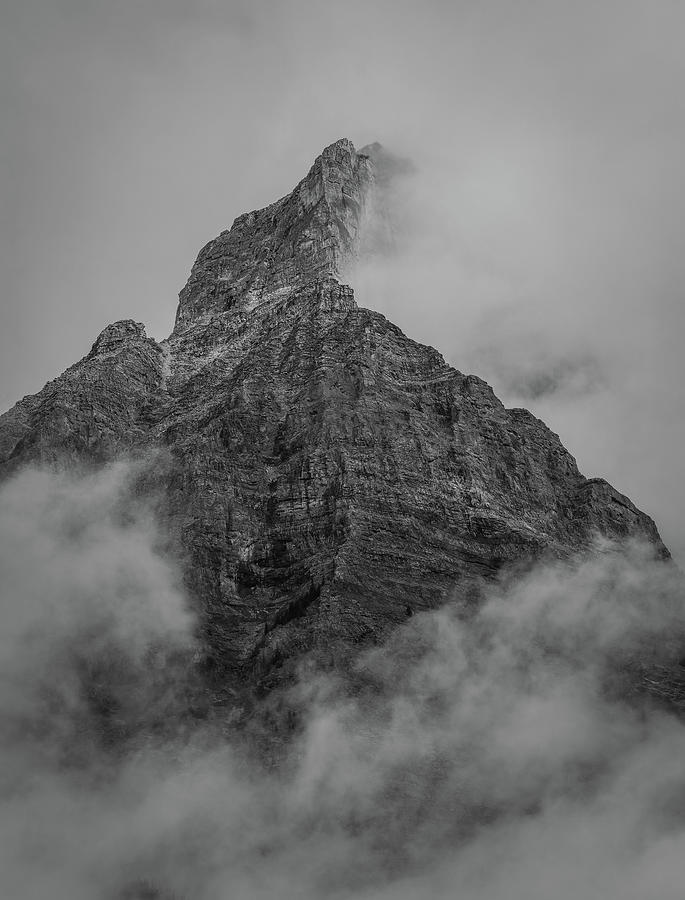 Canadian Mountain Peak In Clouds Black And White Photograph by Dan Sproul