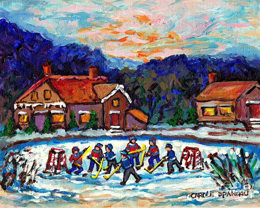 Canadian Winter Village Pond Hockey Game Quebec Winter Landscape Snow Scene Painting C Spandau Art Painting by Carole Spandau