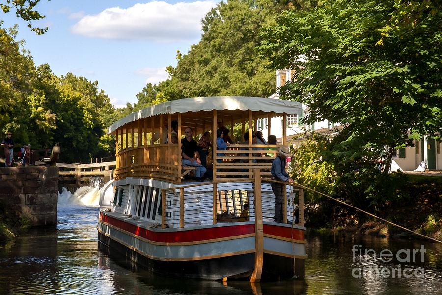 Canal boat and reenactors exit the lock at Great Fall Tavern on the C and O Canal in Maryland USA Photograph by William Kuta