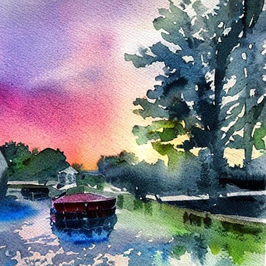Canal Boat at Waterloo Village, Morris Canal, Sunset Painting by Christopher Lotito