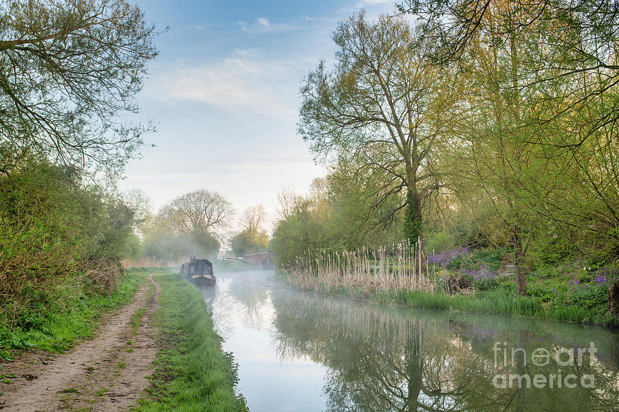Canal Boat on a Misty Oxford Canal in Spring Photograph by Tim Gainey