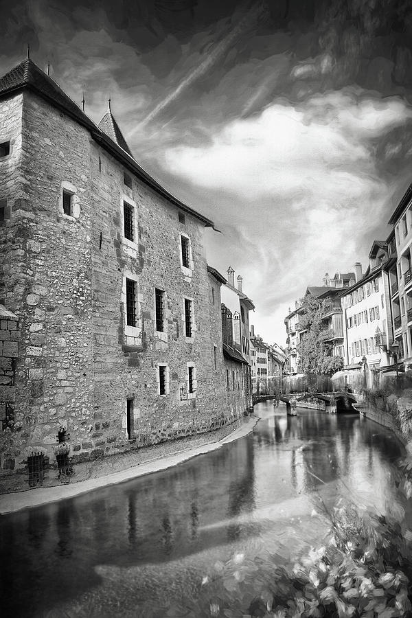 Canal Scenes of Old Annecy France Black and White  Photograph by Carol Japp