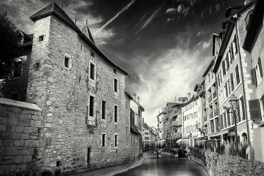 Canals of old Annecy France Black and White  Photograph by Carol Japp