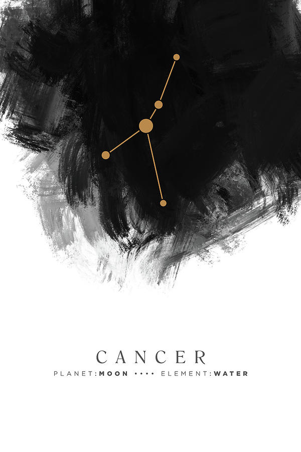 Abstract Mixed Media - Cancer Zodiac Sign - Minimal Print - Zodiac, Constellation, Astrology, Good Luck, Night Sky - Black by Studio Grafiikka