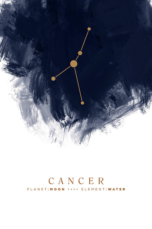 Abstract Mixed Media - Cancer Zodiac Sign - Minimal Print - Zodiac, Constellation, Astrology, Good Luck, Night Sky - Blue by Studio Grafiikka