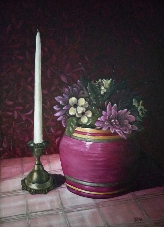 Flower Painting - Candle and Flowers Painting  by Lois Bailey