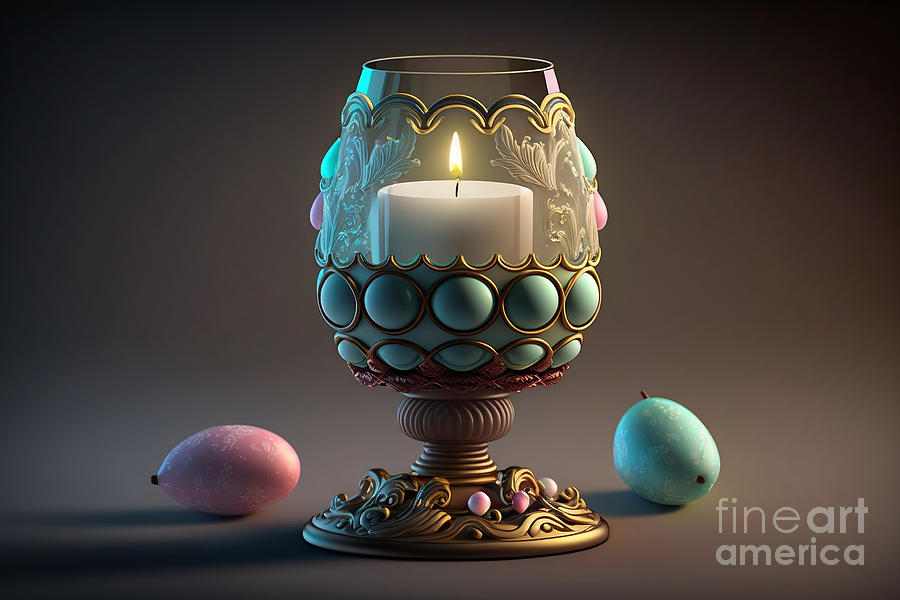 Easter Digital Art - Candlelight Charm, Photorealistic Easter Egg Candle Holder in Festive Hue by Jeff Creation