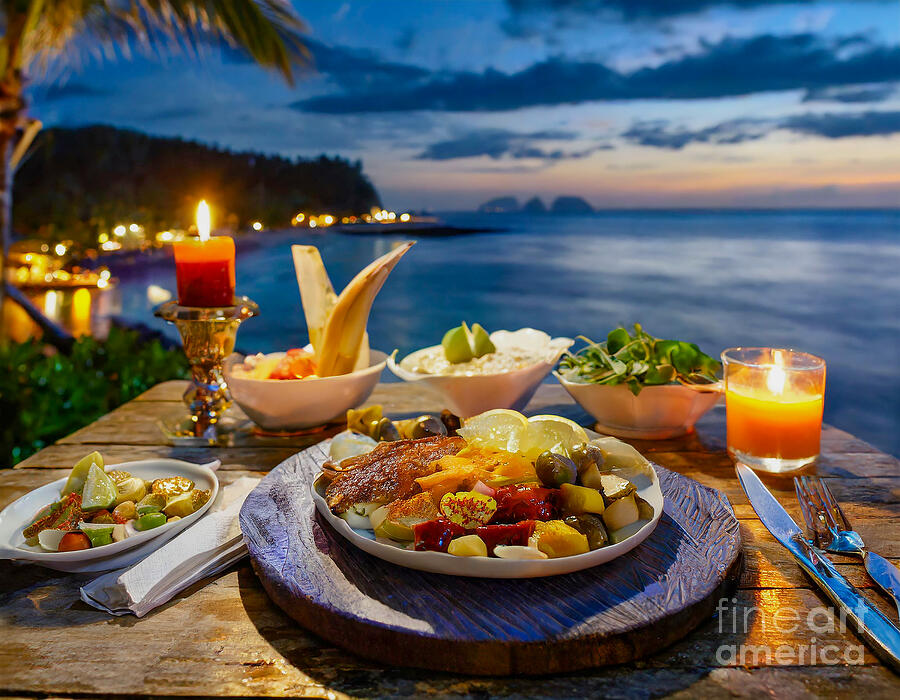 Romantic Candlelight Dinner On The Ocean Beach Digital Art