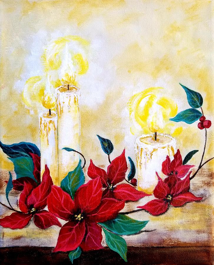 Candles And Poinsettias Painting