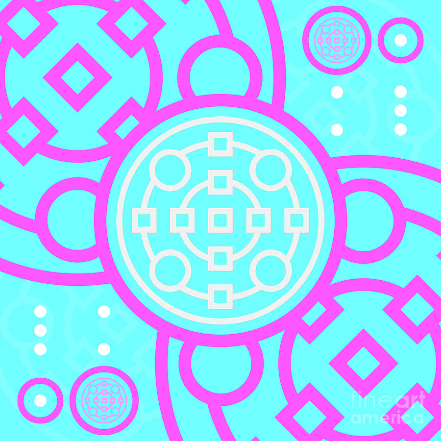 Candy Bubblegum Geometric Glyph Art In Cyan Blue And Pink N.0156 Mixed Media