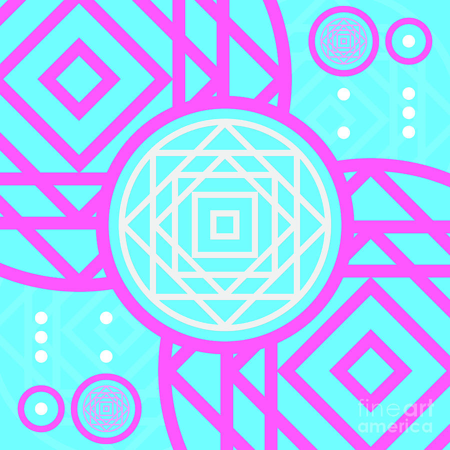 Candy Bubblegum Geometric Glyph Art In Cyan Blue And Pink N.0396 Mixed Media