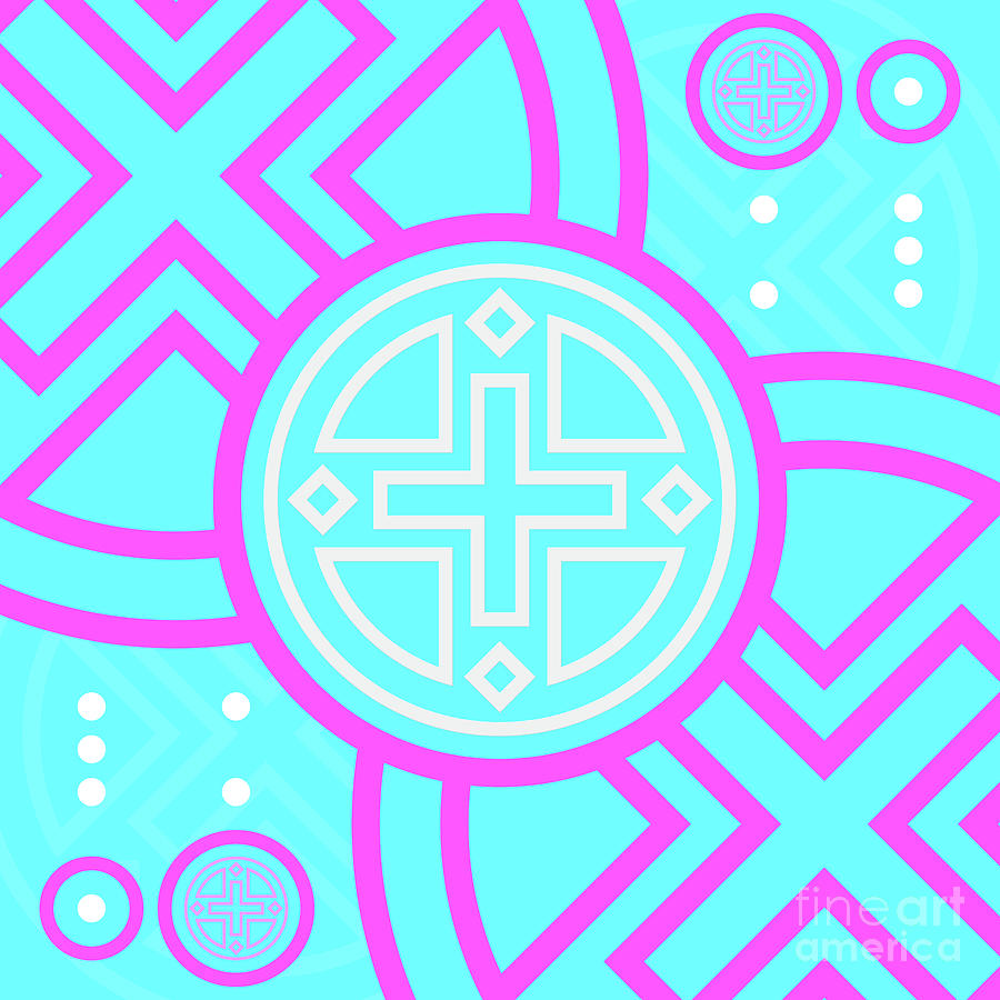 Candy Bubblegum Geometric Glyph Art In Cyan Blue And Pink N.0446 Mixed Media