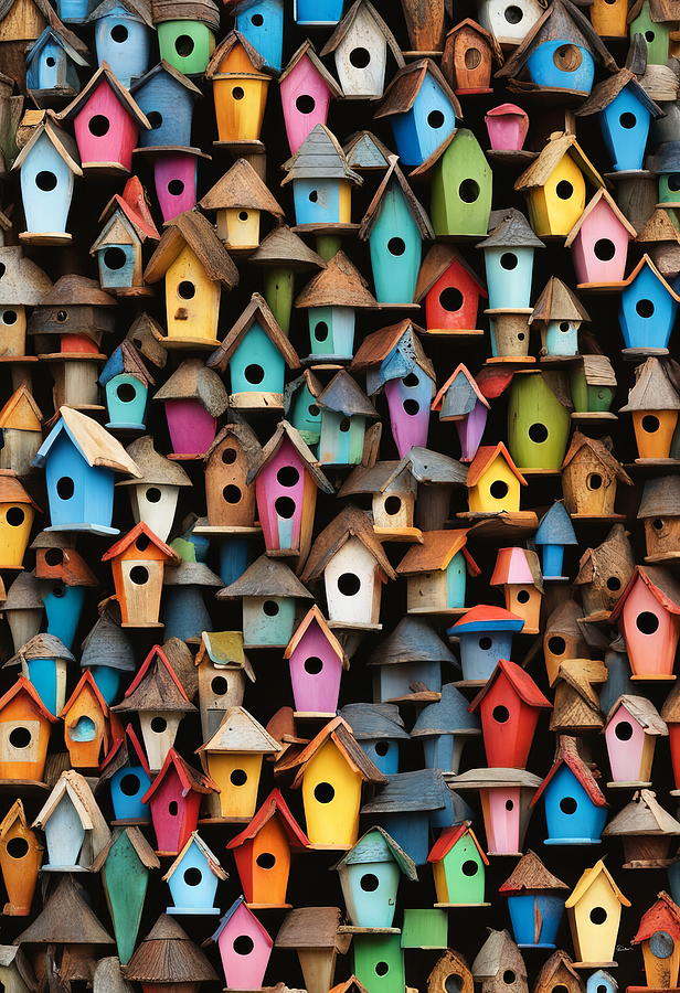 Candy-Colored Aviary - A Wall of Whimsical Birdhouses Digital Art by Russ Harris