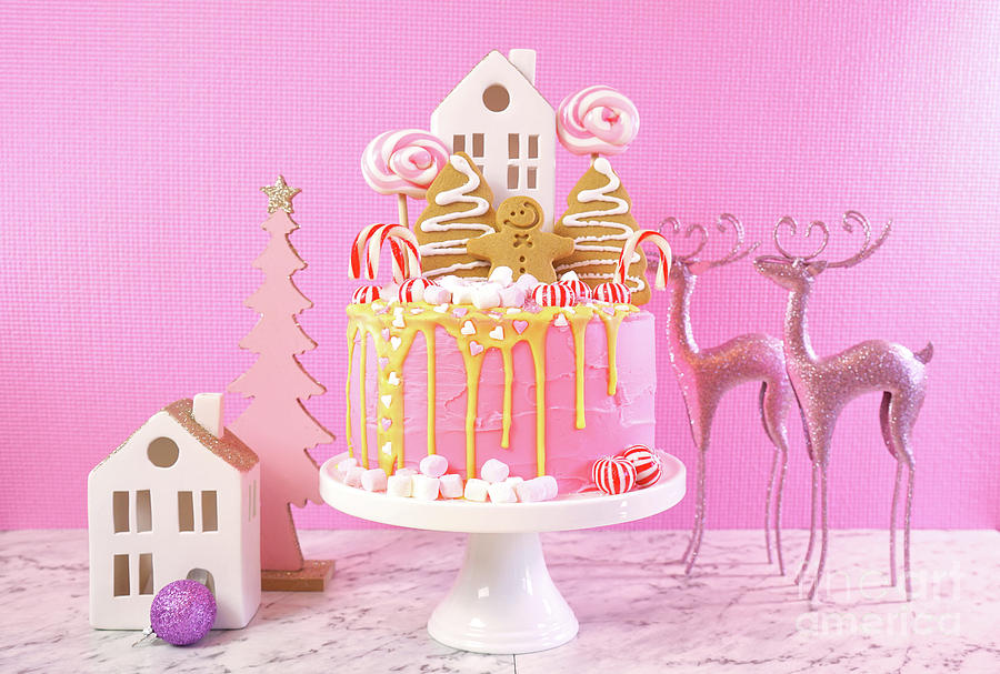 Candyland childrens party Christmas cake in pink and gold table setting. Photograph by Milleflore Images