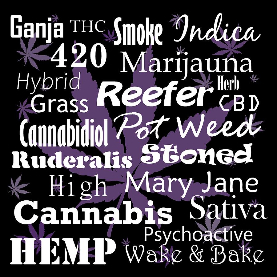 Cannabis Related Word Art, Purple Leaves Digital Art by Angie Tirado