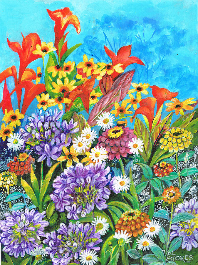 Cannas and Agapanthus Painting by Val Stokes