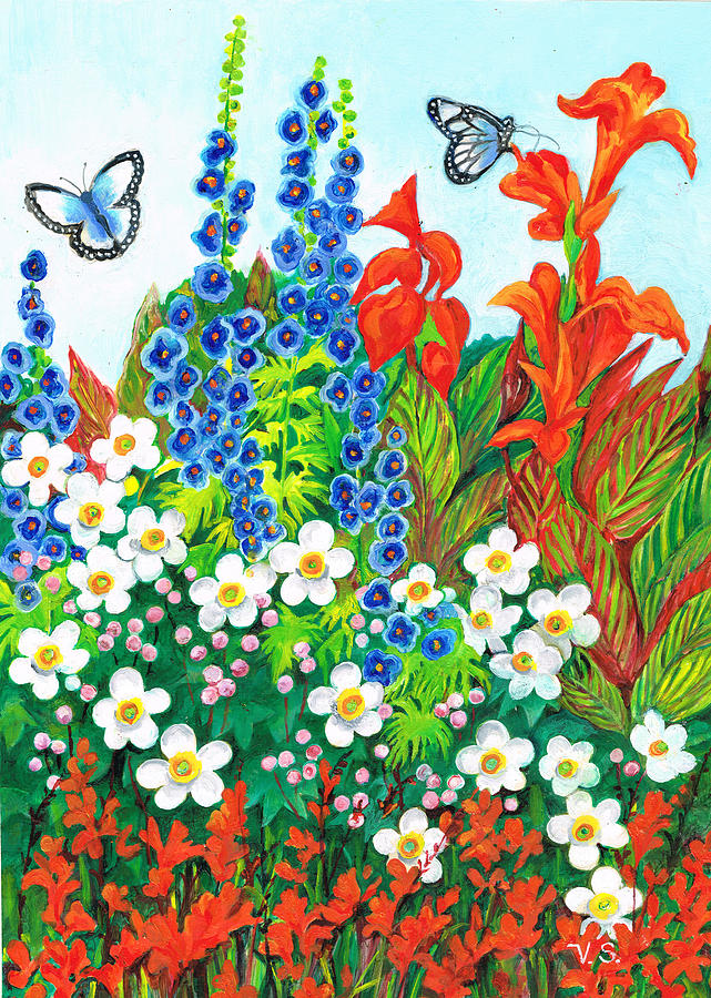Butterfly Painting - Cannas and Hollyhocks by Val Stokes