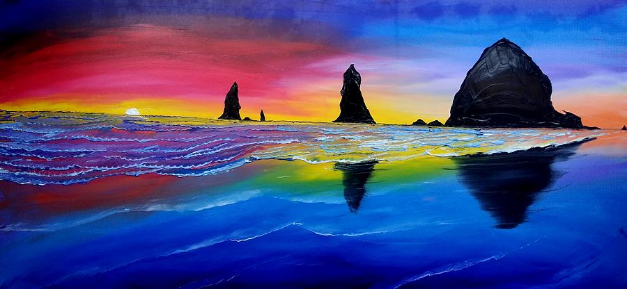 Cannon Beach Red Sunset #1 Painting by James Dunbar