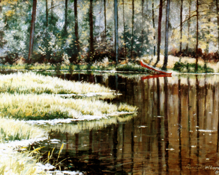 Canoe on Pond Painting by Randy Welborn