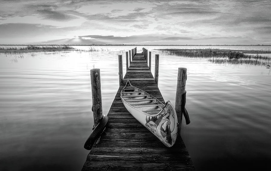 Canoe on the Dock Black and White Photograph by Debra and Dave Vanderlaan