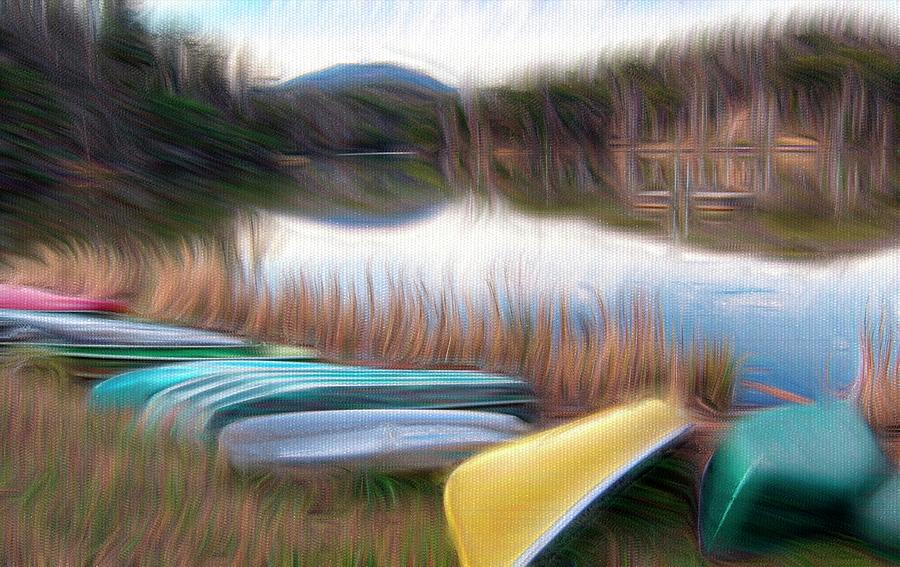 Canoes at Mirror Lake NC Painterly Mixed Media by Bob Pardue