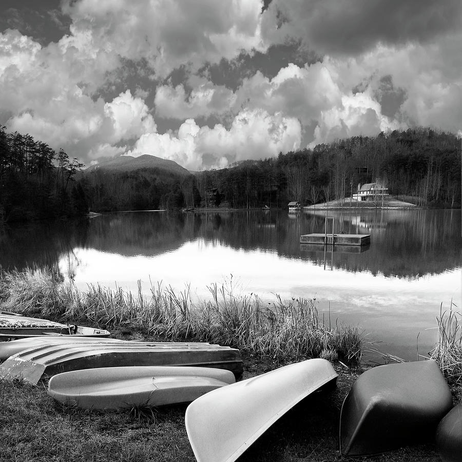 Canoes at Mirror Lake NC SQ BW Photograph by Bob Pardue