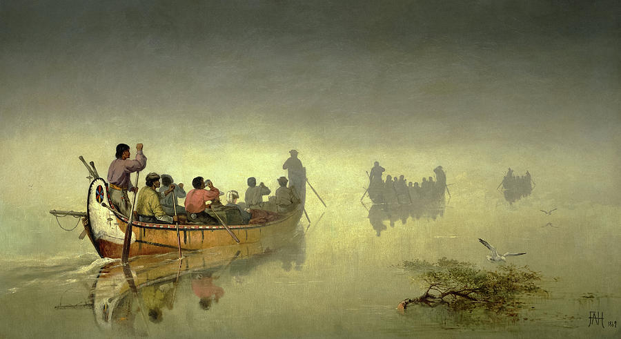Transportation Painting - Canoes in Fog, Lake Superior, 1869 by Frances Anne Hopkins
