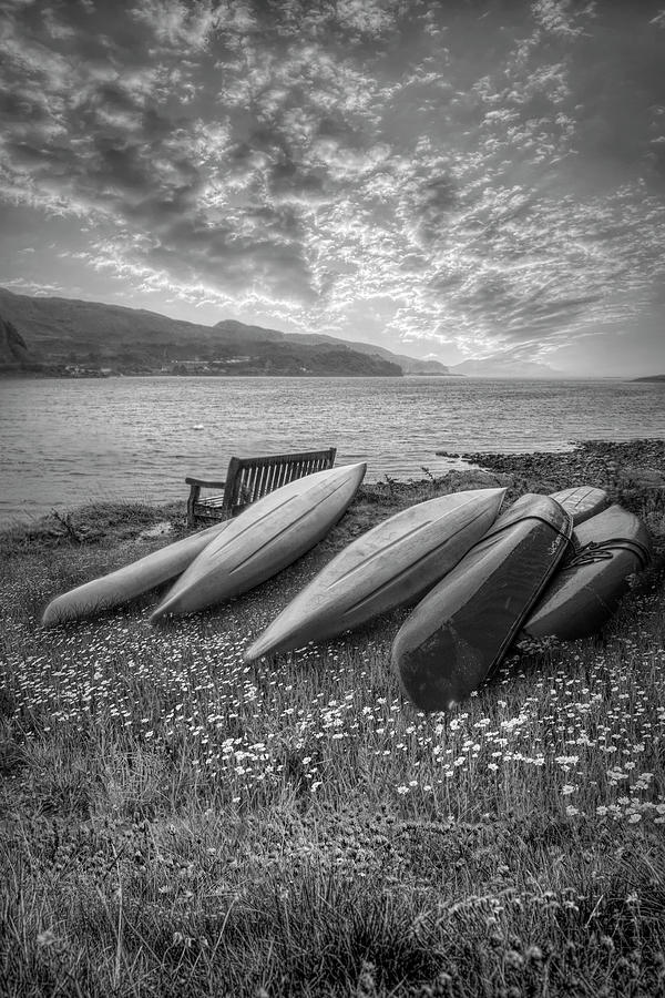 Canoes in Summer Flowers Black and White Photograph by Debra and Dave Vanderlaan